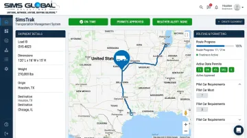 SimsTrak Transportation Management System dashboard tracking heavy haul shipments
