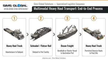 Four-stage multimodal project cargo transport sequence from manufacturer to project site