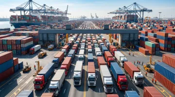 Congested shipping port terminal with stacked containers and delayed drayage trucks