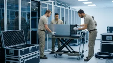 Data center server room relocation team moving rack equipment during facility migration