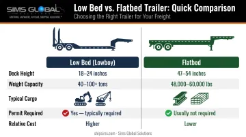 Low bed versus flatbed trailer side-by-side specs comparison infographic