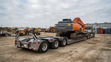 Heavy construction excavator loaded on lowboy trailer at job site