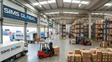 Sims Global Solutions warehouse facility with drayage trucks and containers
