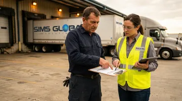 Commercial truck driver reviewing tare weight and payload documentation at loading dock
