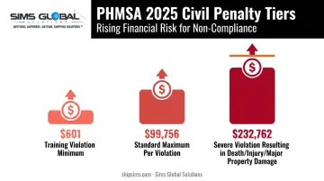 Hazmat shipping penalty tiers showing PHMSA civil fine amounts