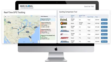 SimsTrak TMS dashboard displaying real-time GPS truck tracking and quoting