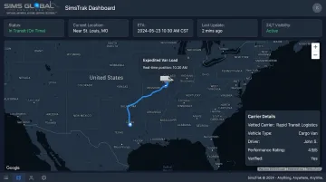 Sims Global Solutions dashboard tracking cargo van hotshot shipments
