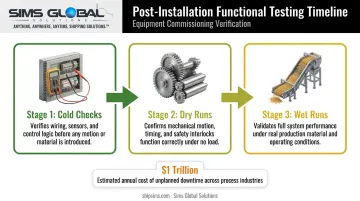 3-stage functional testing timeline showing cold checks dry runs wet runs
