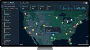 SimsTrak TMS dashboard displaying real-time GPS tracking for hot shot loads