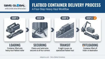 Flatbed shipping container delivery process from loading to offloading