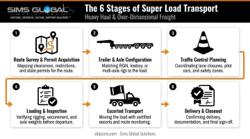 Six-step super load transport process from permit to delivery infographic
