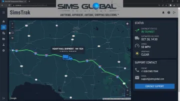 SimsTrak GPS tracking dashboard displaying real-time heavy haul shipment location
