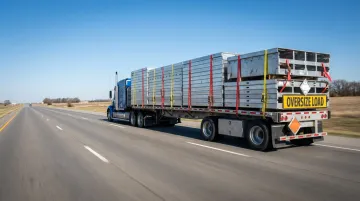 Flatbed truck hauling oversized industrial equipment with hazmat placards on highway