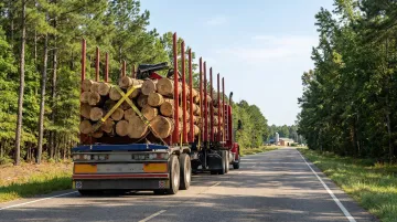 Flatbed truck hauling logs and lumber through Mississippi forestry region