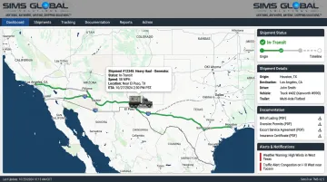 SimsTrak transportation management system dashboard showing real-time GPS shipment tracking