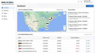 SimsTrak TMS dashboard displaying real-time freight tracking and billing