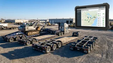 Heavy haul fleet of RGN and lowboy trailers with tracking dashboard