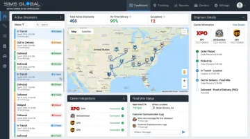 SimsTrak TMS dashboard showing real-time shipment tracking and visibility