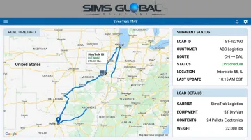 SimsTrak transportation management system dashboard showing real-time shipment tracking