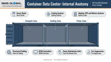 Container data center anatomy diagram showing seven integrated subsystems