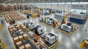 Company warehouse facility staging industrial equipment for factory relocation