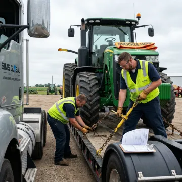 Heavy haul team securing farm equipment for transport