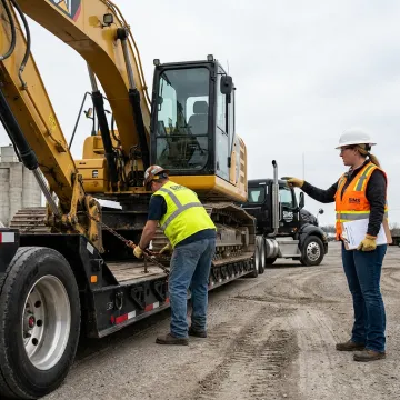 Heavy equipment loaded onto specialized trailer