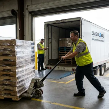 Warehouse crew loading stacked pallets for recycling pickup
