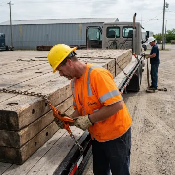 Crane mats being loaded on flatbed trailer