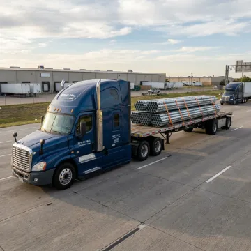 Flatbed truck hauling steel pipe