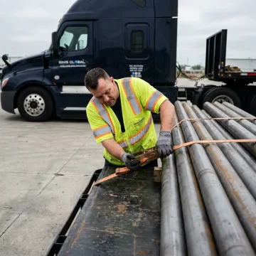Pipe bundles secured on flatbed trailer