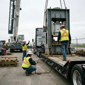 Rigging crew positioning heavy machinery
