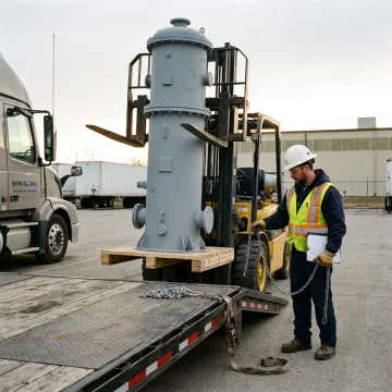Step deck trailer being loaded with heavy equipment