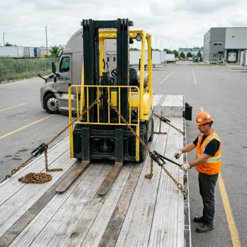 Forklift loaded on flatbed trailer for transport