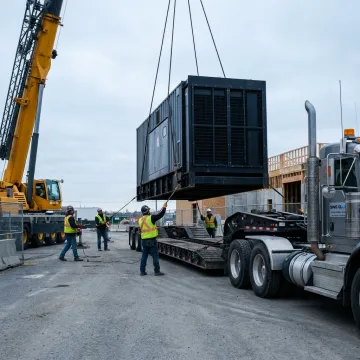 Crane and rigging crew lifting heavy equipment