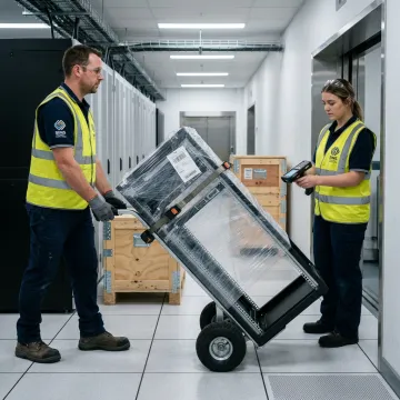Data center relocation team moving server racks