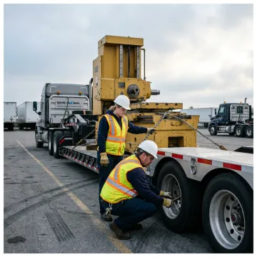 Heavy haul team inspecting secured machinery