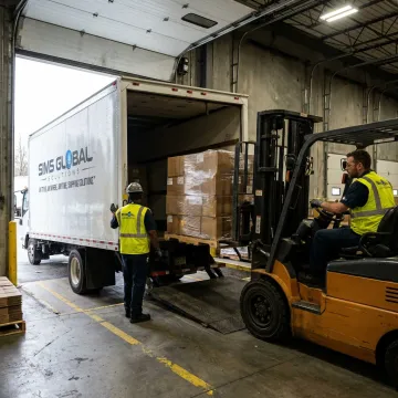 Box truck freight loading at warehouse dock