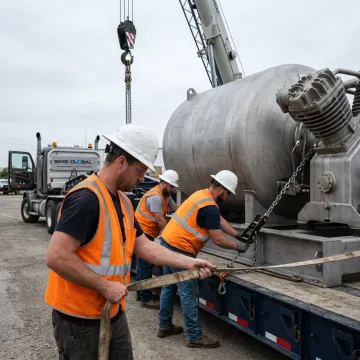 Industrial rigging crew lifting heavy machinery