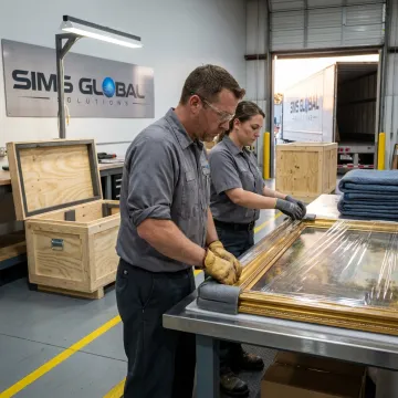 Logistics team preparing protected artwork for shipment