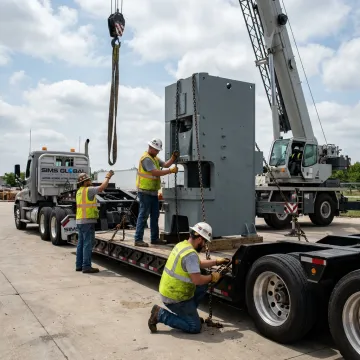 Rigging crew securing heavy machinery