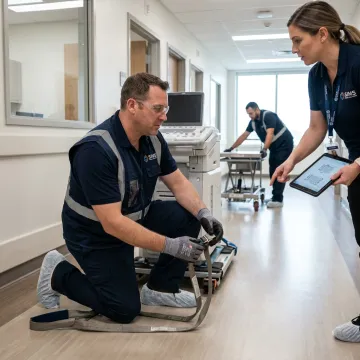 Technicians coordinating laboratory equipment rigging