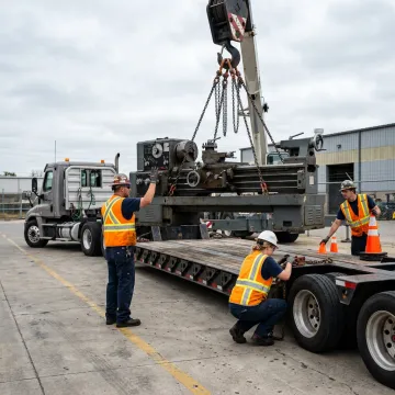 Rigging crew loading a heavy industrial lathe