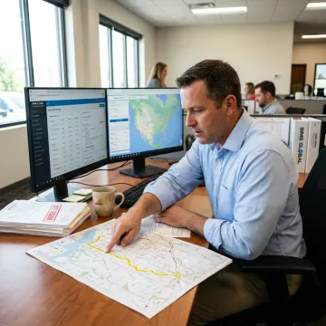 Logistics coordinator planning a flatbed freight route