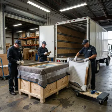 White glove delivery team preparing protected fine art for final-mile delivery