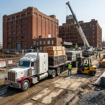 Flatbed trailer delivering construction materials to a job site