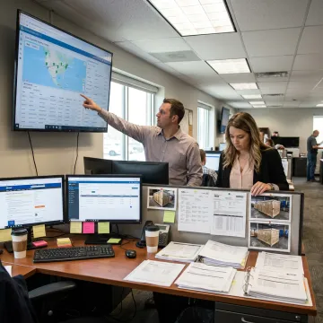 Logistics team coordinating a crated freight shipment