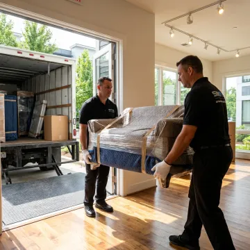 White glove delivery team handling wrapped furniture
