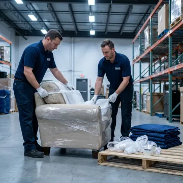 White glove delivery team preparing furniture for inside delivery