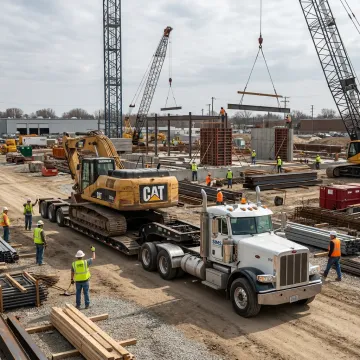 Heavy haul truck transporting construction machinery